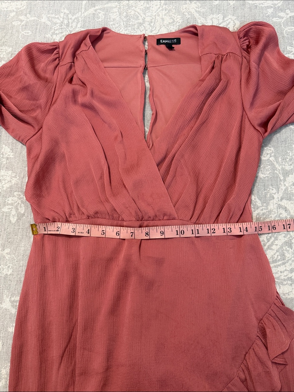EXPRESS | Ruched Ruffle Faux Wrap Mini Dress - Picture 5 of 7